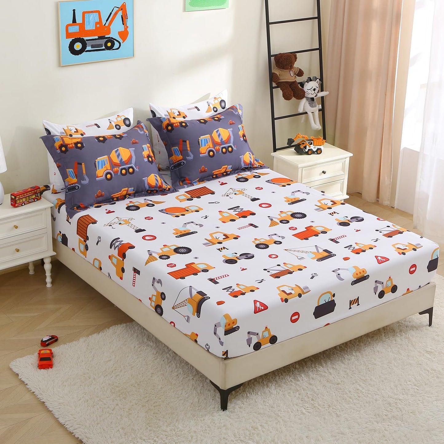 Kids Comforter Set 7 Piece Bedding Cute Car Cartoon Truck Bed Microfiber Comforter Twin Size All Season Excavator Car Truck Printed