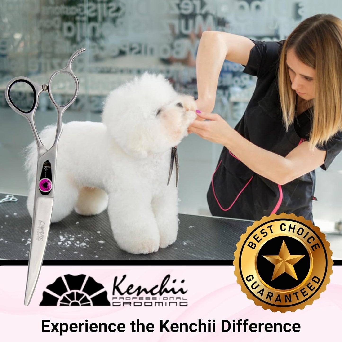 Kenchii Love Left Handed Dog Grooming Scissors, 7 Inch Curved Shears, Dog Scissors for Grooming, Professional Pet Grooming Scissors, Ergonomic & Comfortable