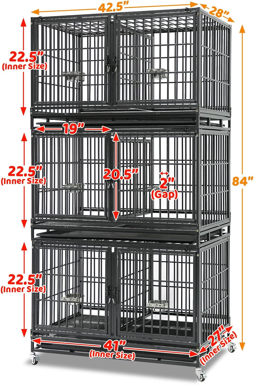 Homey Pet Three Tiers 43 inch Heavy Duty Dog Crate with Wheels, Stackable Indestructible Steel Dog Cage Kennel Indoor with Divider, Trays, Bowls, Escape Proof Locks for Breeder and More