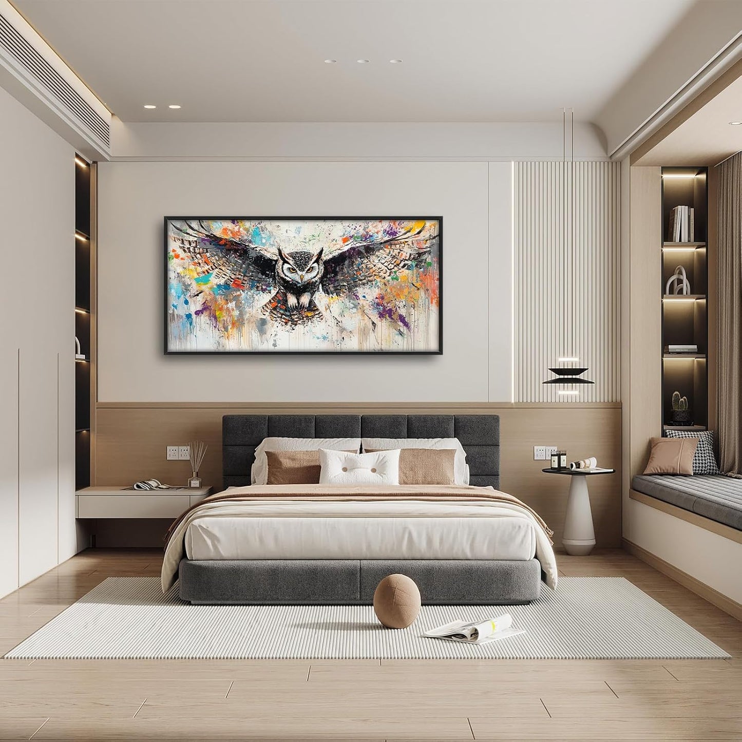 Large Owl Wall Art for Living Room, Framed Oversized Banksy Owl Wall Decor Colorful Wildlife Canvas Painting Animal Pictures Modern Artwork for Living Room Bathroom Bedroom Office Dining Room 60"x30"