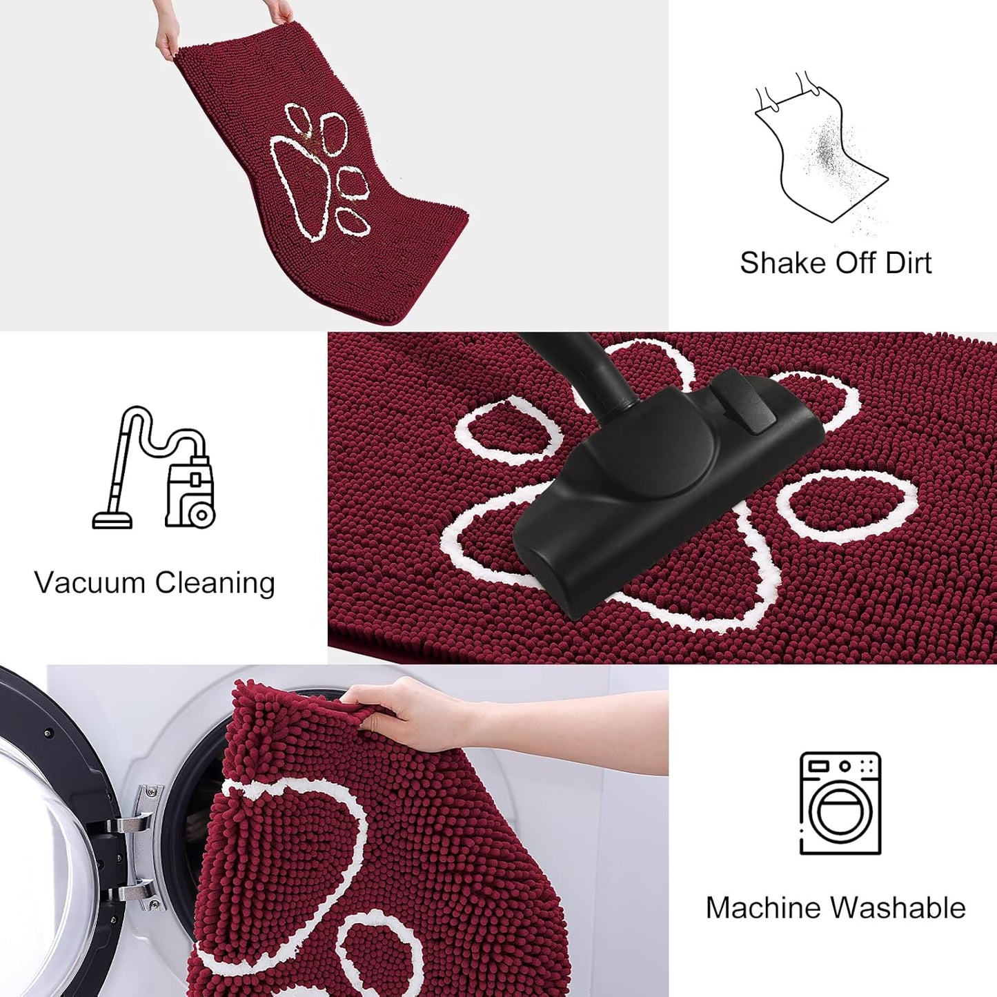 Smiry Dog Door Mat for Muddy Paws, Absorbent Dirt Trapper Non Slip Quick Dry Washable Chenille Mat for Mud Dogs, Entry Rug for Indoor and Outdoor (47x24 Inches, Burgundy)