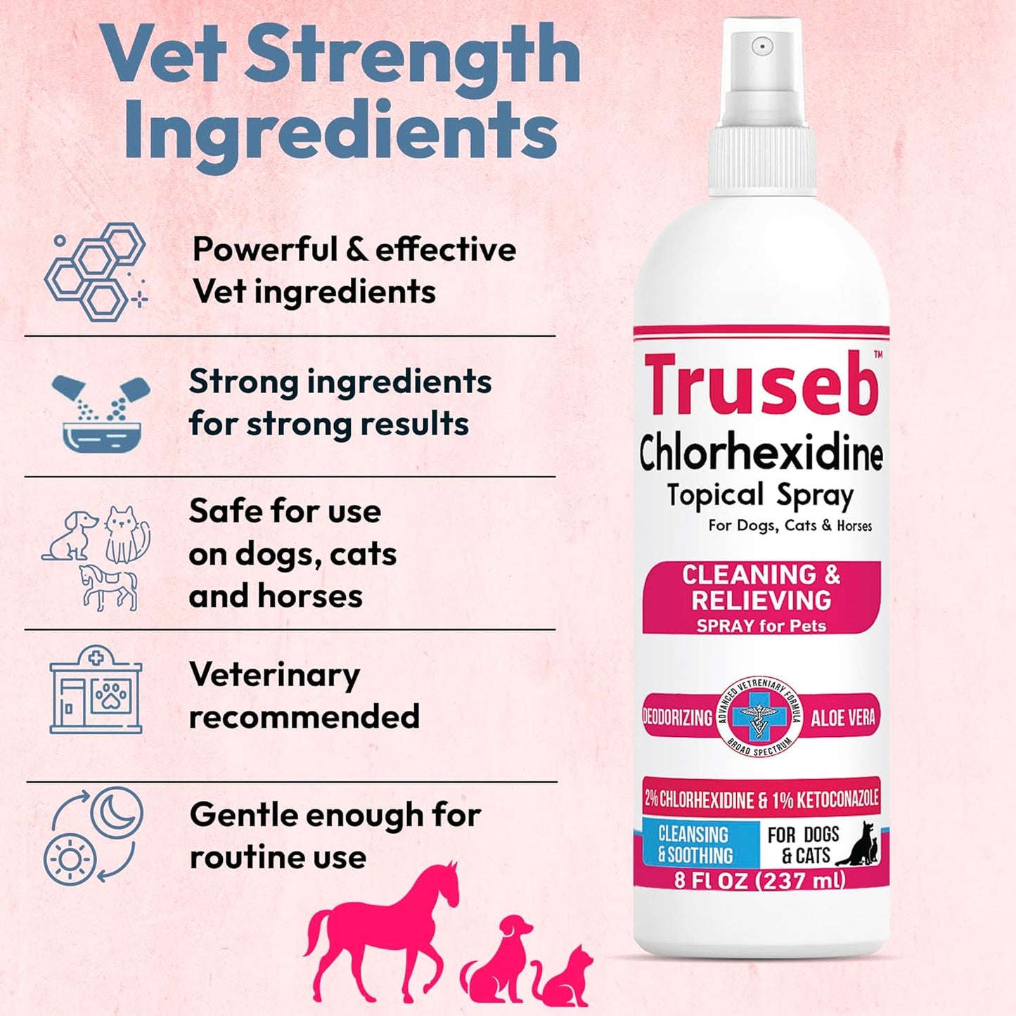 Truseb Topical Ketoconazole and Chlorhexidine Spray for Dogs, Cats, and Horses with Essential Fatty Acids, Aloe and Vitamin E- 16 oz (Ketoconazole & Chlorhexidine Spray, 16 oz)