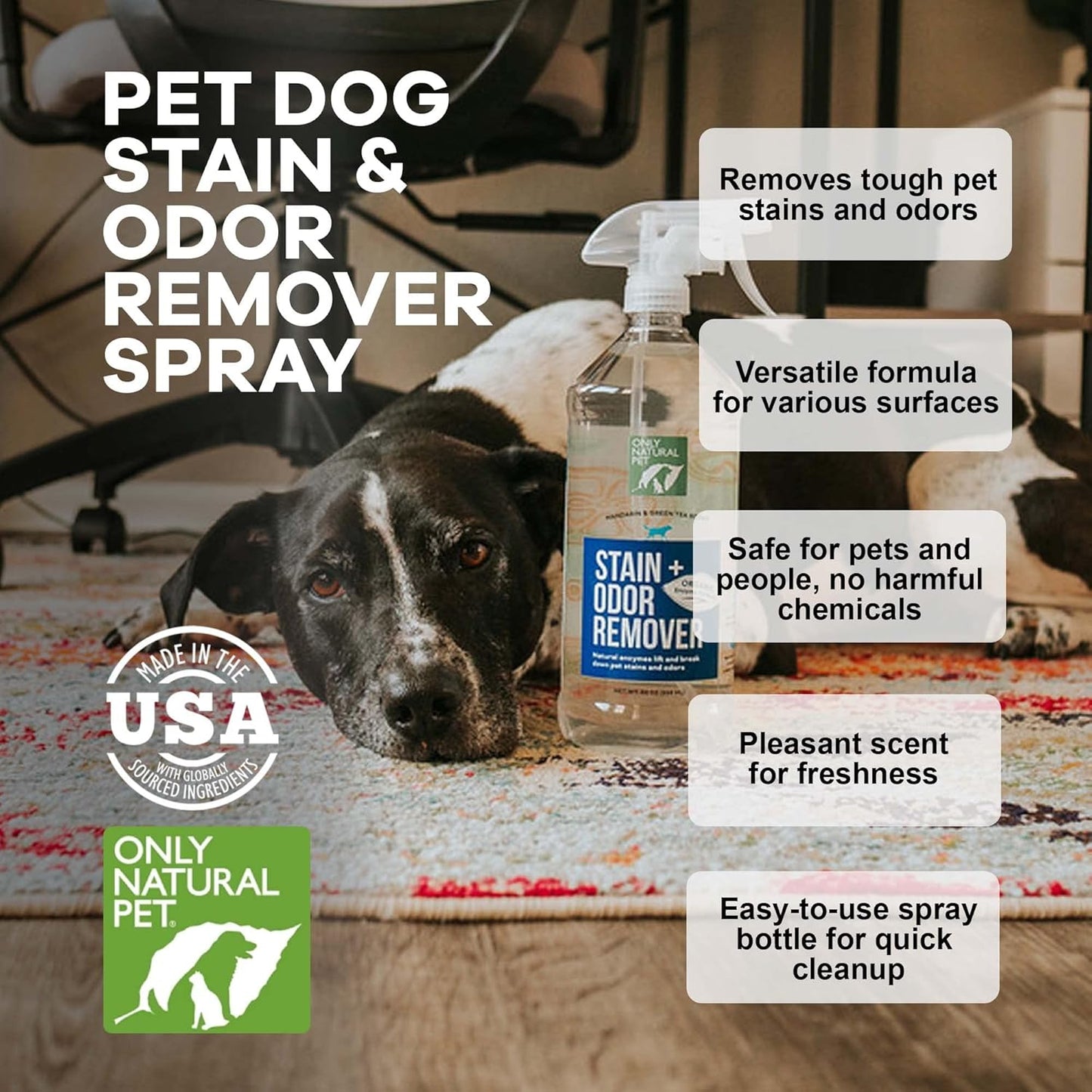 Only Natural Pet Enzyme Powered Stain & Odor Eliminator - Professional Pet Urine Pee Cleaner Deodorizer For Dogs - Hardwood Floors Carpets Upholstery - Fresh Mandarin Orange & Green Tea Scent - 32Floz