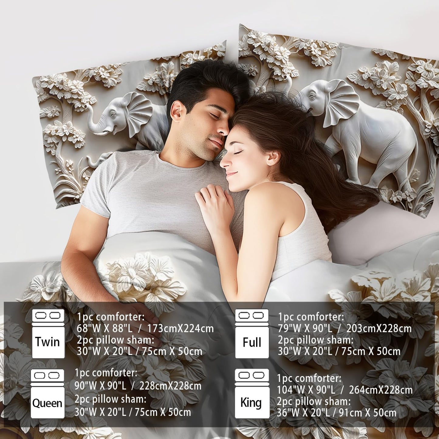 Elephant Comforter Set Full Adult, White Animal Bedding Set Full for Man, Cute Animal Comforter for Kids,Elephant Quilt Pattern White Bedroom Decor Womens, Relief Bedding