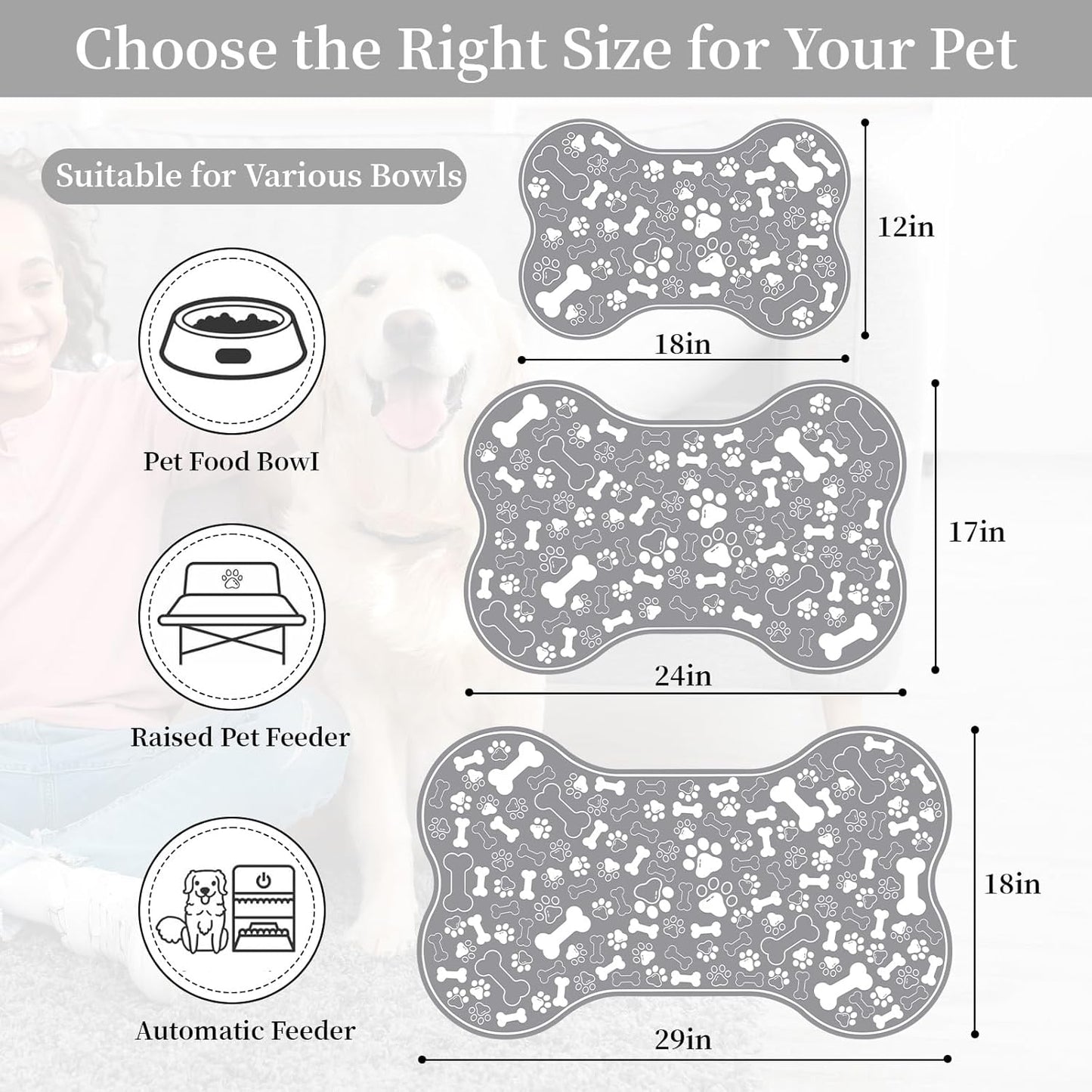 Dog & Cat Food Mat Bone Shaped Pet Feeding Mat Quick Absorb Water Bowl Placemat with Rubber Backing Indoor Floor Stain Resistant Pet Accessory Supplies (Grey, 17x29 Inches)