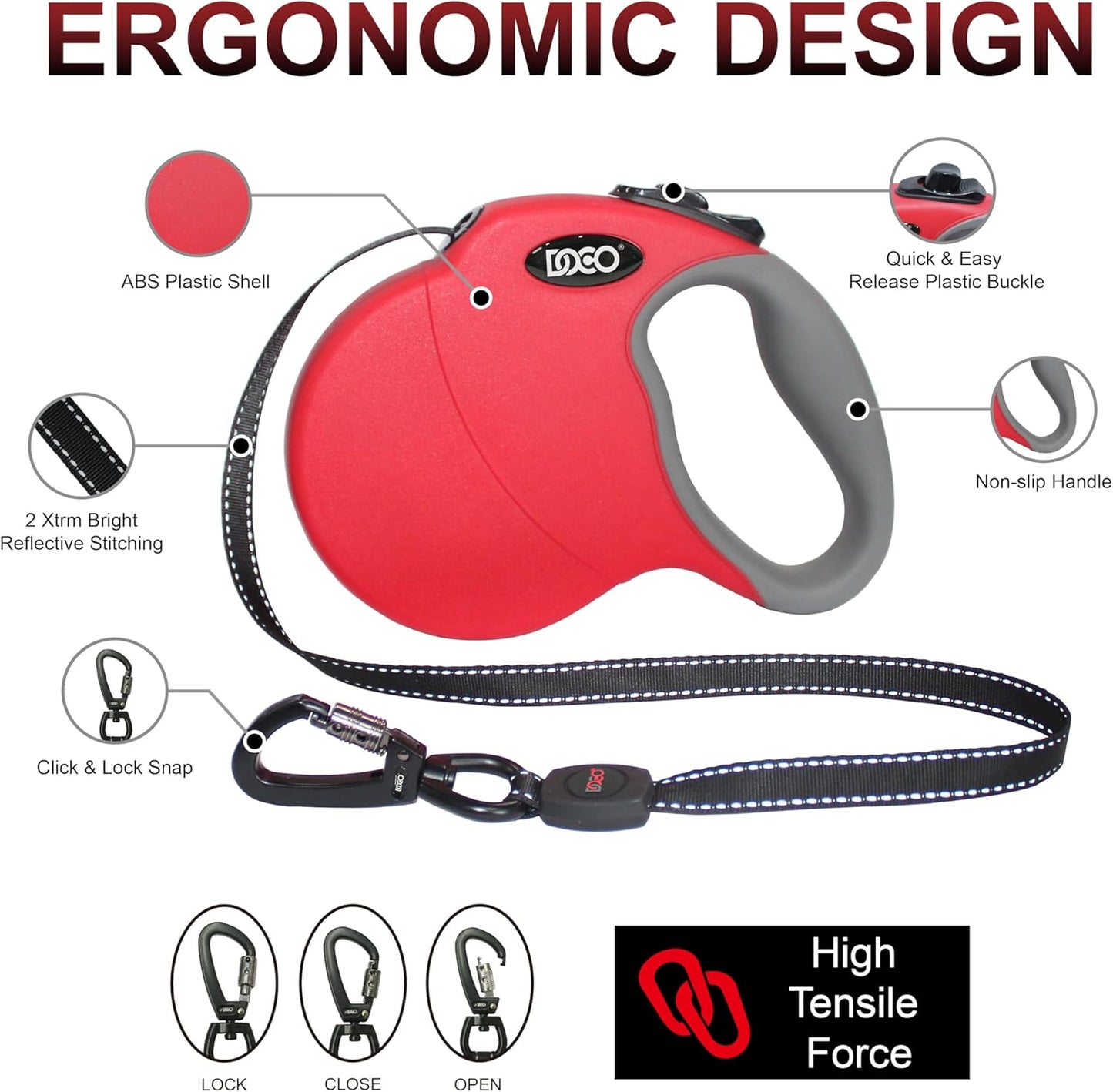 DOCO Retractable Dog Leash for Large Dogs (Length - 13ft, Weight - Upto 22lb) Reflective Tape Lead with Stop and Lock Control, Tangle Free 360° Swivel Snap & Anti-Slip Grip (Red, Small)