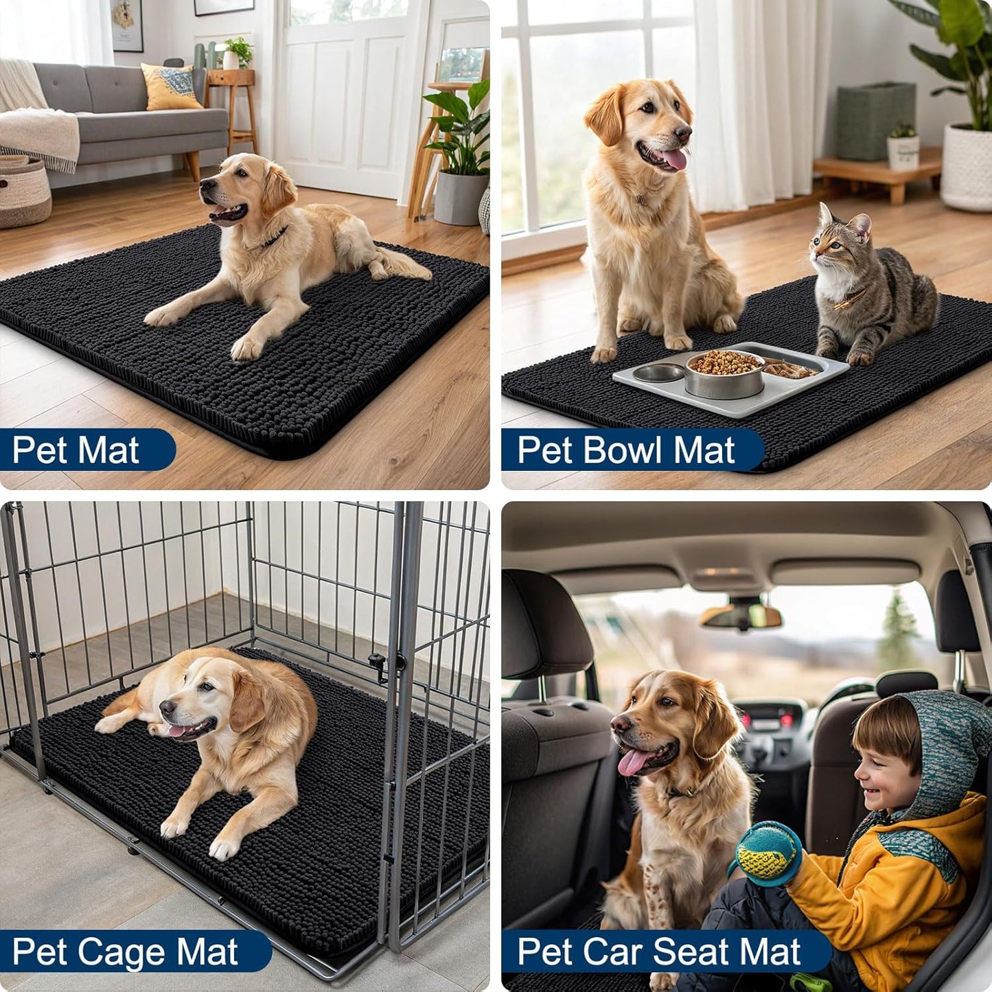Smiry Dog Door Mat for Muddy Paws 47x32, Absorbs Moisture and Dirt Doormat, Non-Slip Washable Quick Dry Chenille Front Door Mat Indoor Entrance, Entryway Carpet for Inside Floor, Black