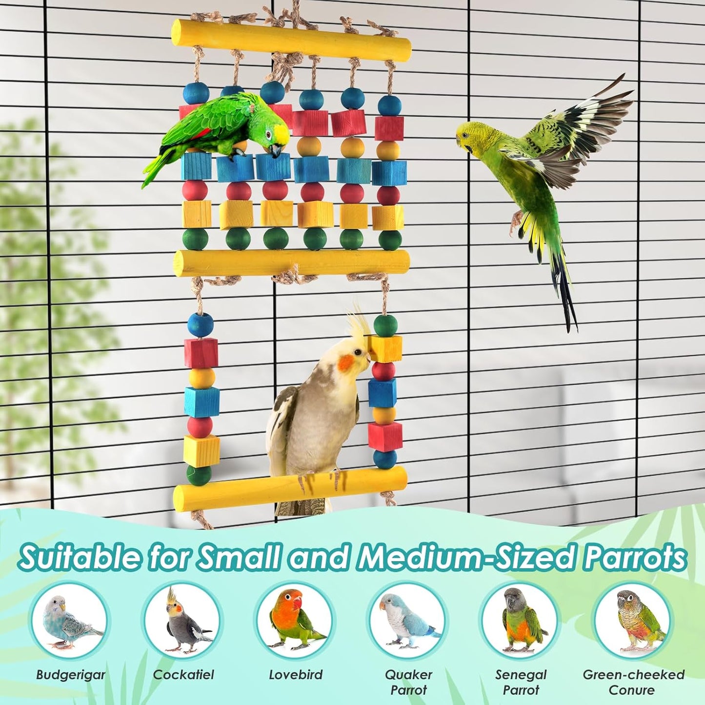 Bird Swing, Parrot Chew Toy with Wooden Perches Stand, Hanging Colorful Wood Block Bird Cage Accessories for Budgerigar, Canaries, Cockatiels, Parakeets, Conures, Finches, Mynah