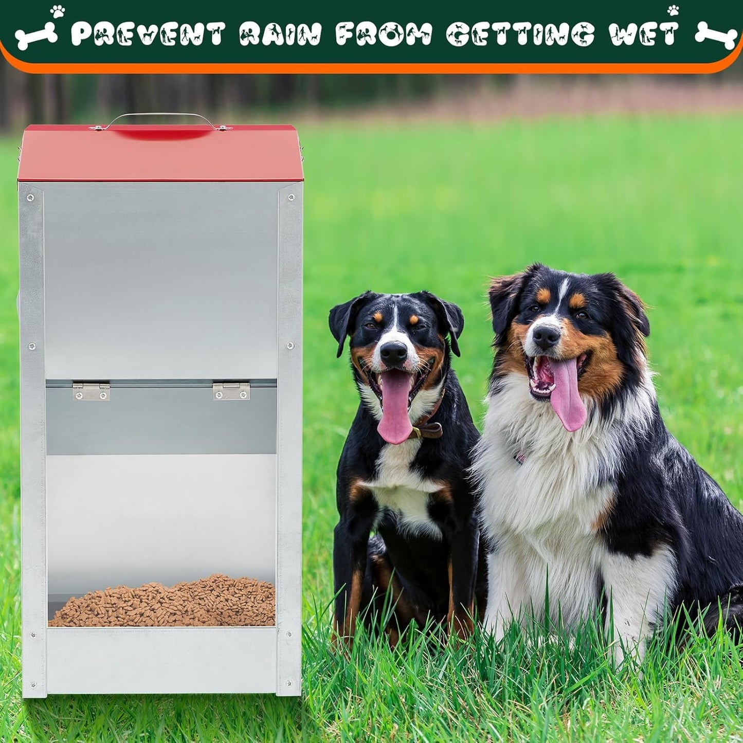 2 Pcs 50 Lbs Large Automatic Dog Feeders with Handle Acrylic Panel Galvanized Gravity Feeder Outdoor Hanging for Doggie Breed Dog Food Dispenser Container(Red)