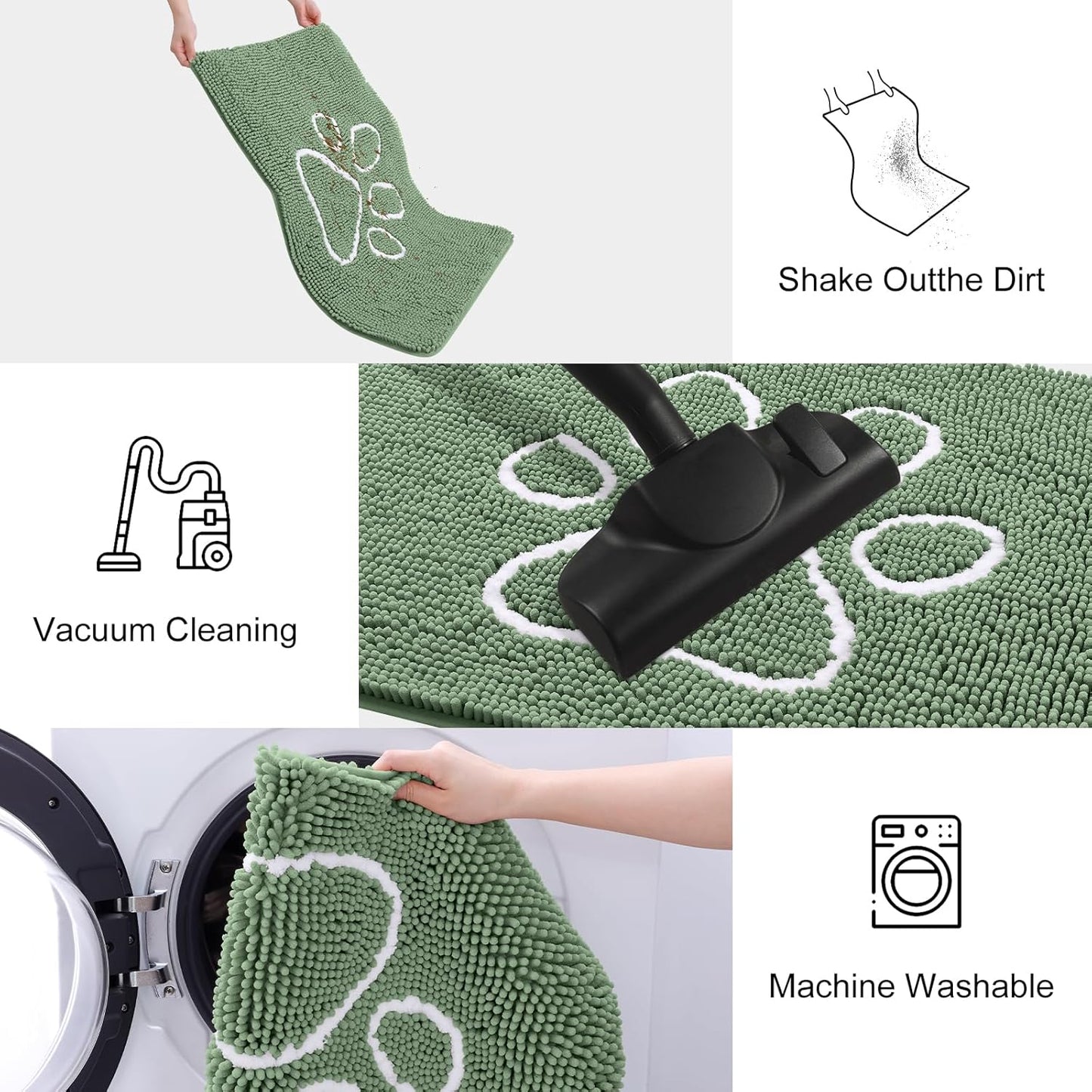 Smiry Dog Door Mat for Muddy Paws, Absorbent Dirt Trapper Non Slip Quick Dry Washable Chenille Mat for Mud Dogs, Entry Rug for Indoor and Outdoor (30x20 Inches, Olive Green and White)