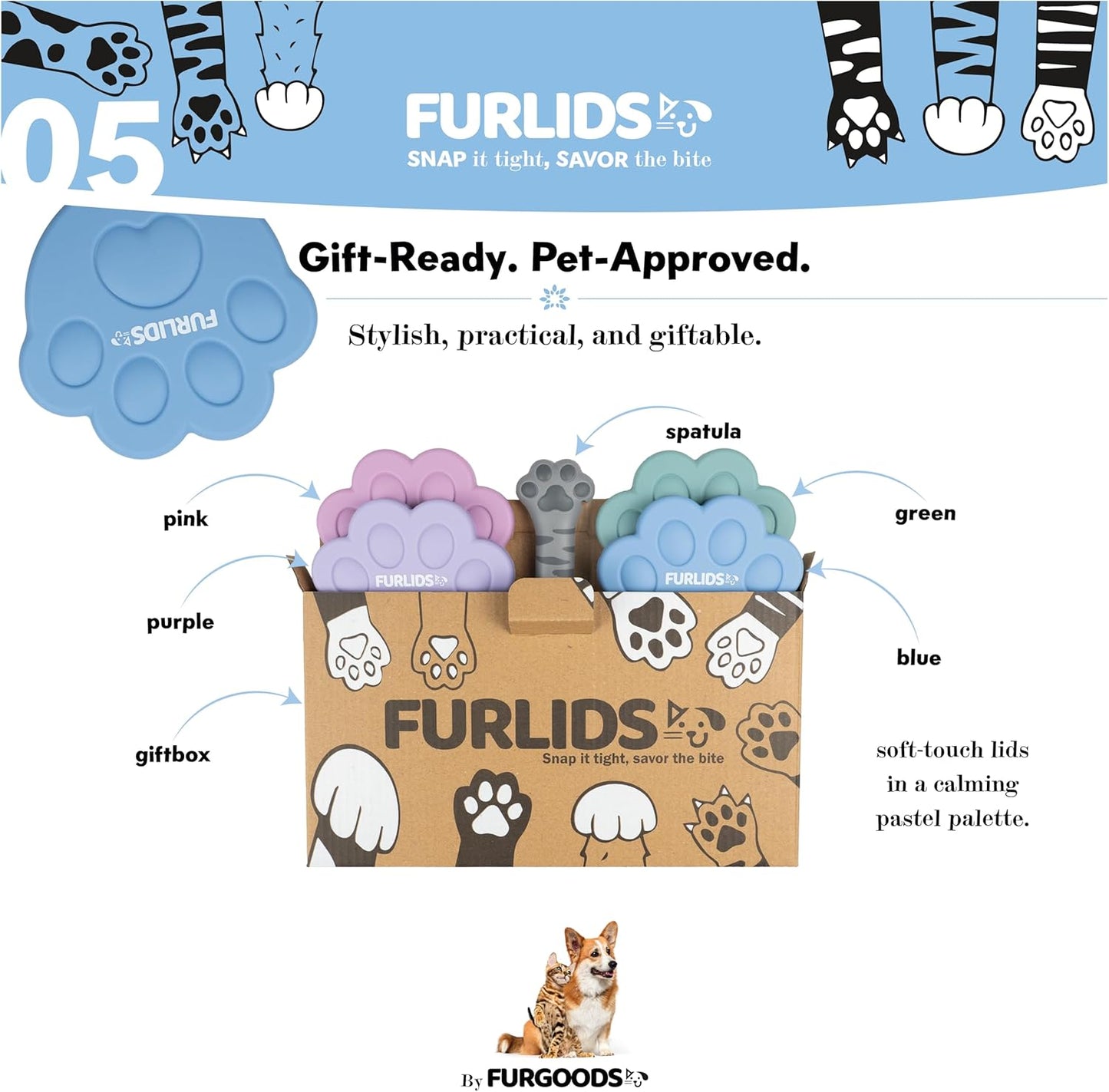 FurLids Silicone Pet Food Can Cover Lids Spatula for Dog & Cat Fresh Wet Food | Fits 3, 5.5, 12 oz | Airtight Snap Seal, Reusable, Dishwasher & Fridge Safe (Multicolor lids and grey spatula)