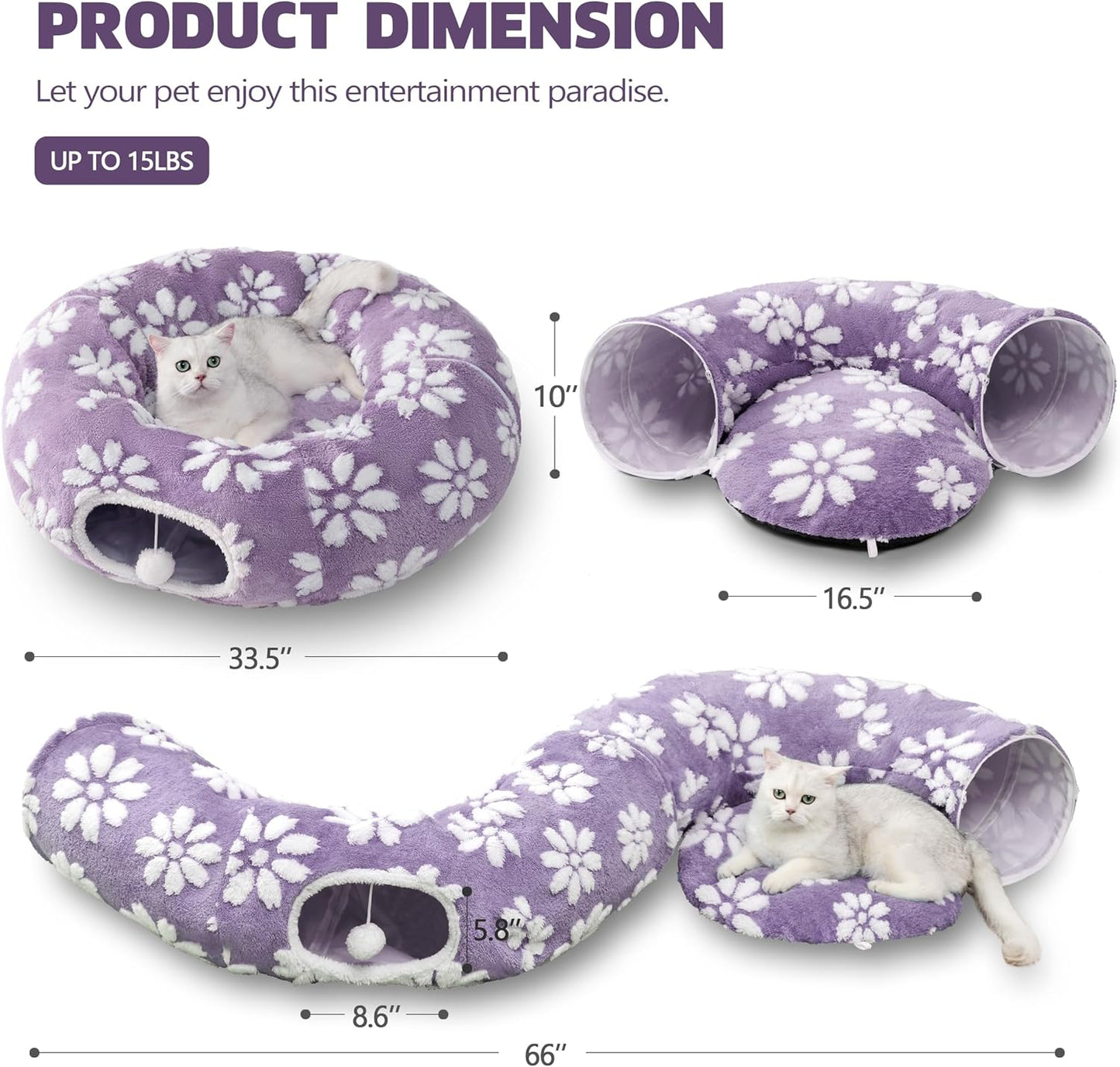 Cat Tunnel for Indoor Cats, Cute Peekaboo Cat Cave with Dangling Balls, Pet Donut Tunnel Bed with Circle Mat for Puppy Kitten Rabbit, Purple