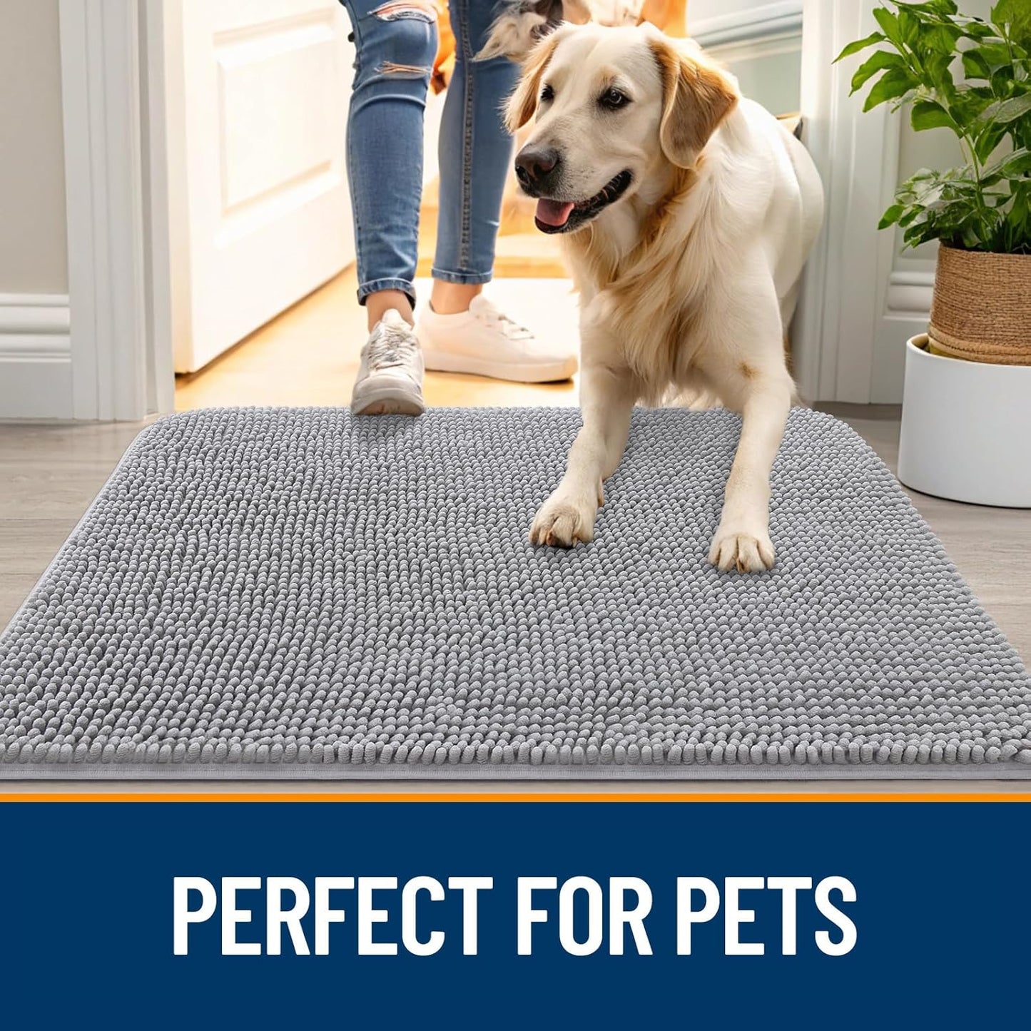 OLANLY Dog Door Mat for Muddy Paws 59x20, Absorbs Moisture and Dirt, Absorbent Non-Slip Washable Doormat, Quick Dry Chenille Mud Mat for Dogs, Entry Indoor Entryway Carpet for Inside Floor, Light Grey