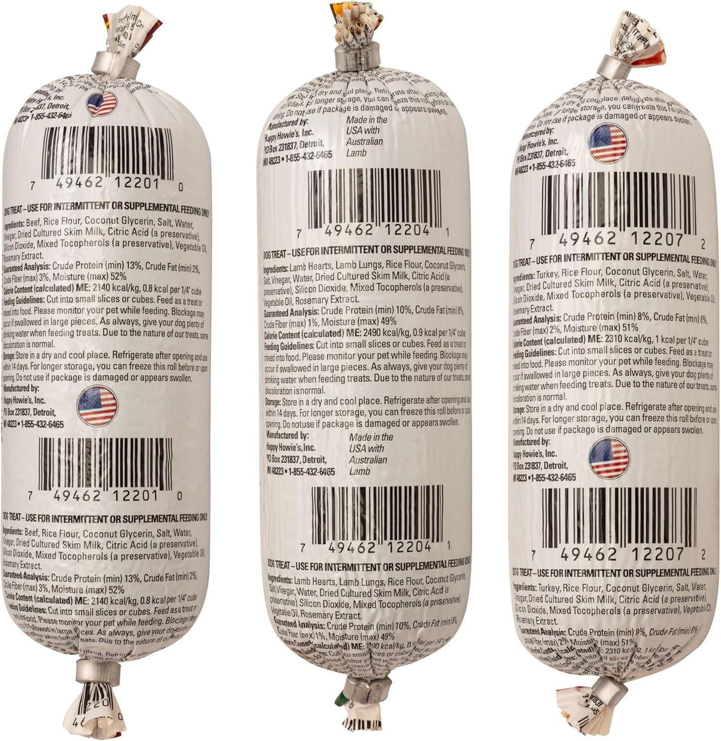 Happy Howie's Soft Meat Roll Treat - Soft Dog Food Rolls, Natural Ingredients, for All Dogs, Made in USA - Beef, Lamb, Turkey, 7 Oz (Pack of 3)