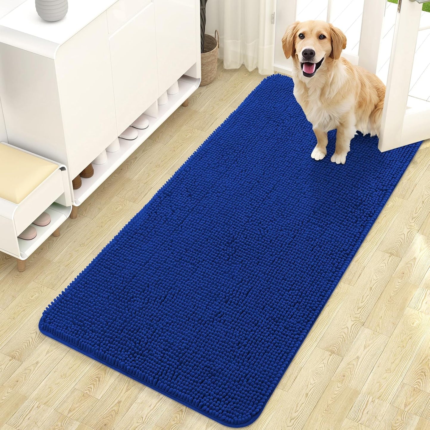 OLANLY Dog Door Mat for Muddy Paws 47x24, Absorbs Moisture and Dirt, Absorbent Non-Slip Washable Doormat, Quick Dry Chenille Mud Mat for Dogs, Entry Indoor Entryway Carpet for Inside Floor, Royal Blue