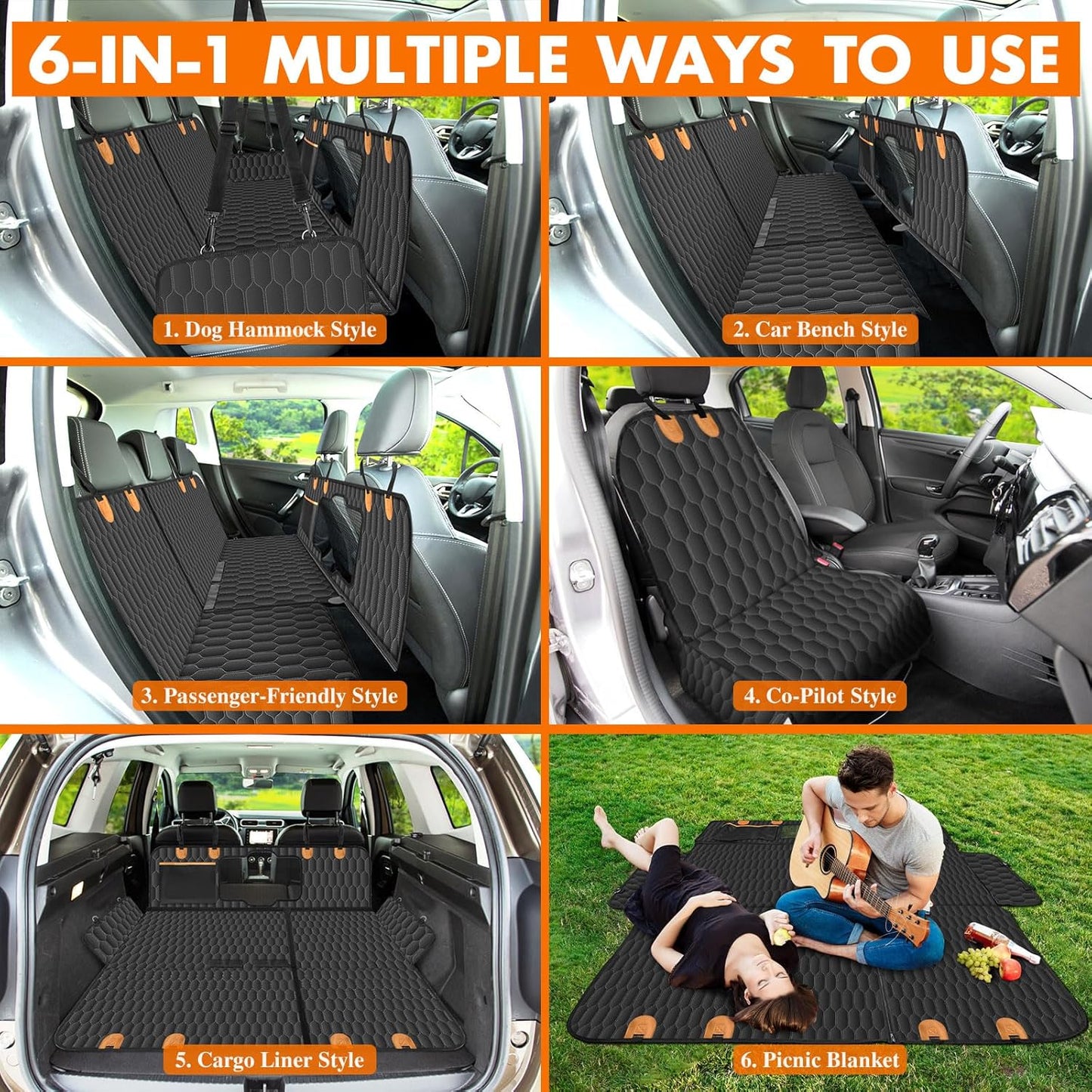 Dog Back Seat Cover, Waterproof Scratch Proof Nonslip Dog Hammock for Car, Car Seat Cover for Back Seat with Sanitary Pad Mesh & Pocket for Cars SUVs and Trucks - S, Black/Orange