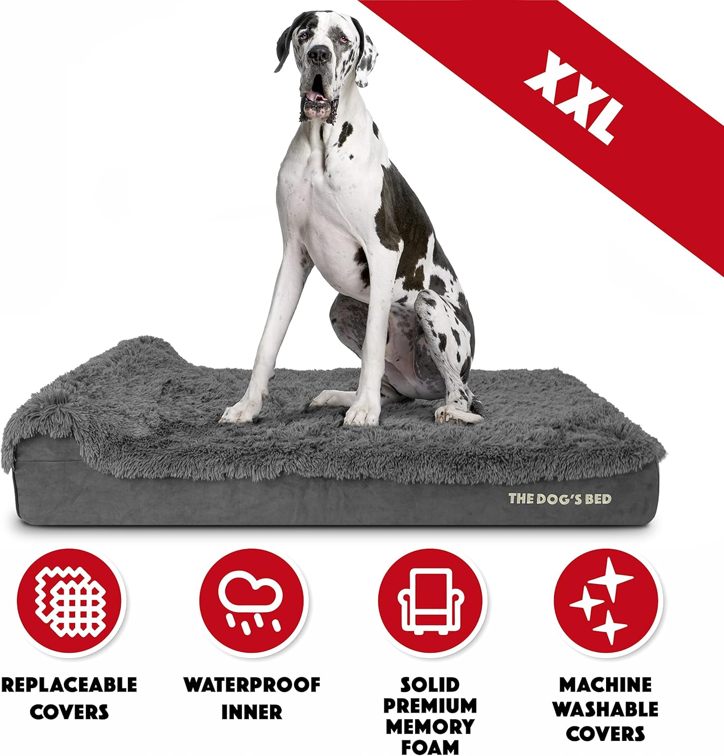 The Dog’s Bed Orthopedic Headrest Dog Bed XXL Grey Fur 54x36, Memory Foam, Pain Relief: Arthritis, Hip & Elbow Dysplasia, Post Surgery, Lameness, Veterinary Approved, Waterproof Washable Cover