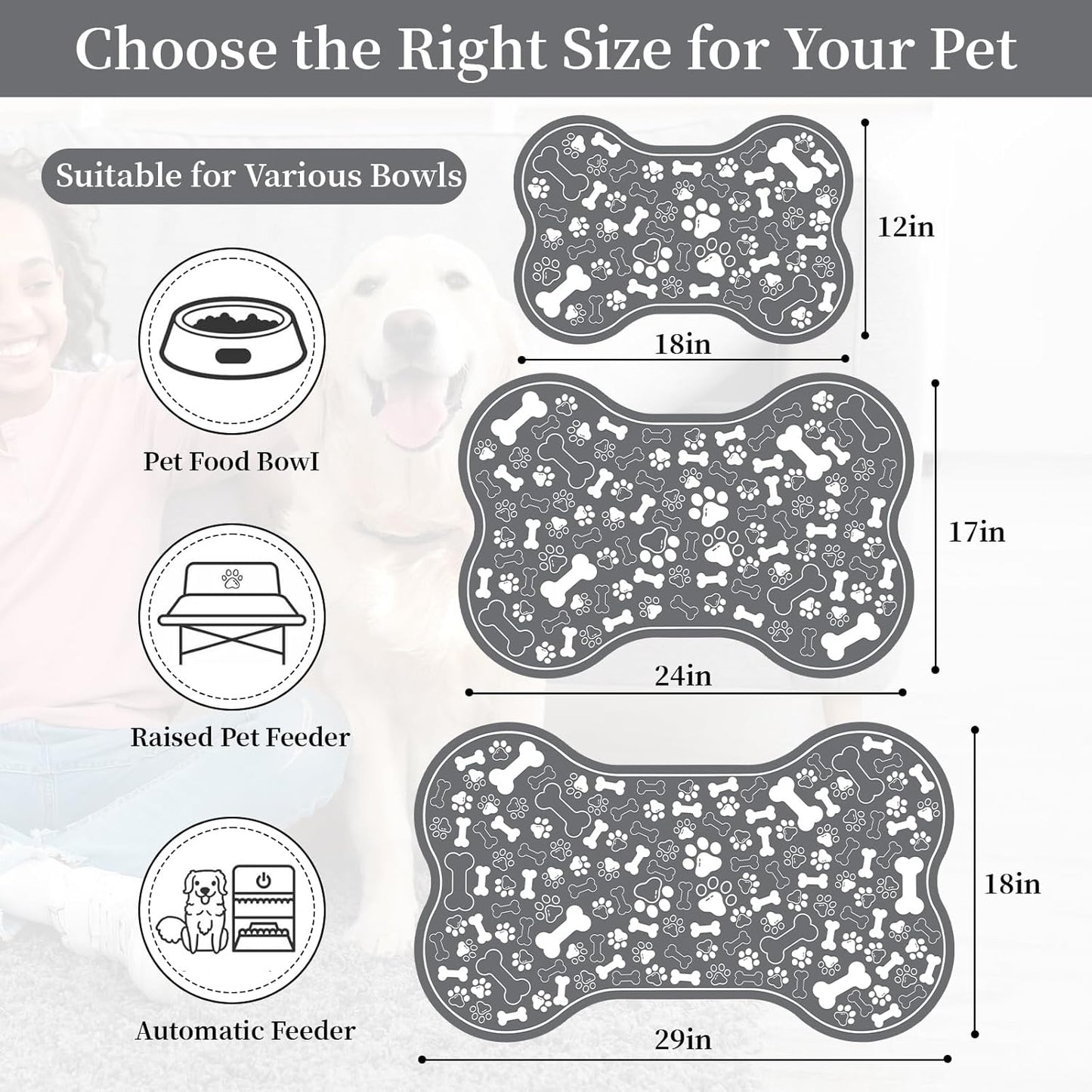 Dog & Cat Food Mat Bone Shaped Pet Feeding Mat Quick Absorb Water Bowl Placemat with Rubber Backing Indoor Floor Stain Resistant Pet Accessory Supplies (Dark Gray Small, 12x18 Inches)