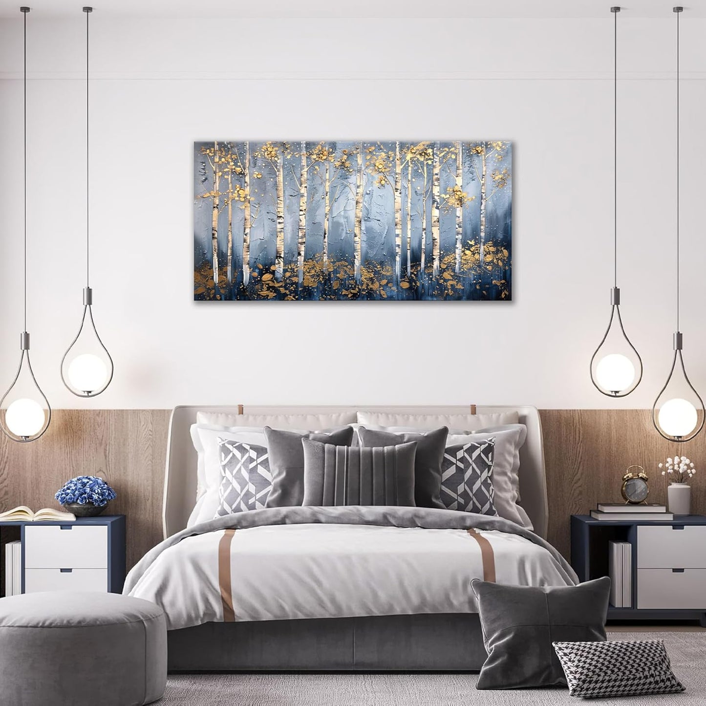 Large White Birch Wall Art Forest Golden Leaves Canvas Living Room Nature Landscape Pictures Framed Prints Oversize Wall Decor Painting Artwork for Bedroom Dining Home 60"x30"