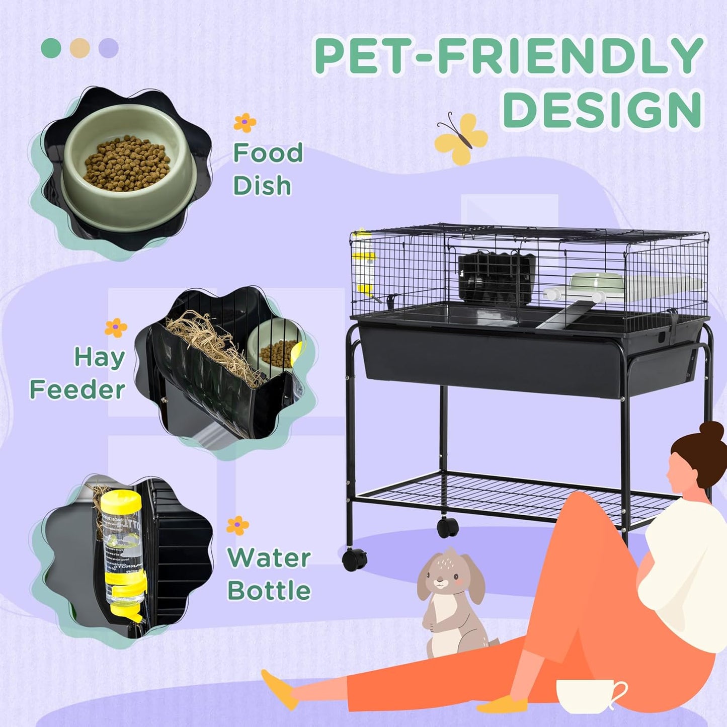 PawHut Two-Story Small Animal Cage Removable from Stand, Guinea Pig Cage with Shelf & Wheels, Pet Habitat for Hedgehog, Chinchilla, Ferret, 33" x 18.5" x 35", Black