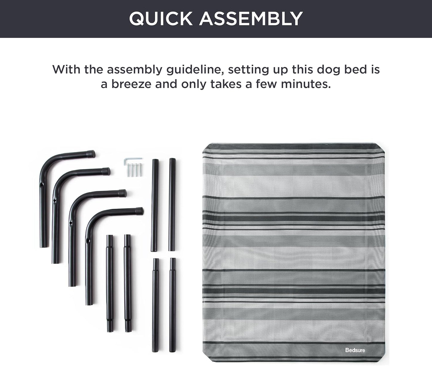 Bedsure Outdoor Elevated Dog Bed Large Sized Dog, Portable Indoor & Outdoor Cooling Raised Cot Pet Hammock Bed with Skid-Resistant Feet, Frame with Breathable Mesh, Striped Grey, 49 inches