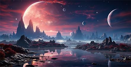 36X24IN Cosmic Spaceterrarium Background, Cool Parallel Space Themed Aquarium Reptile Habitat Background, Red Moon Aquarium Background with 10EVA Double-Sided Tape