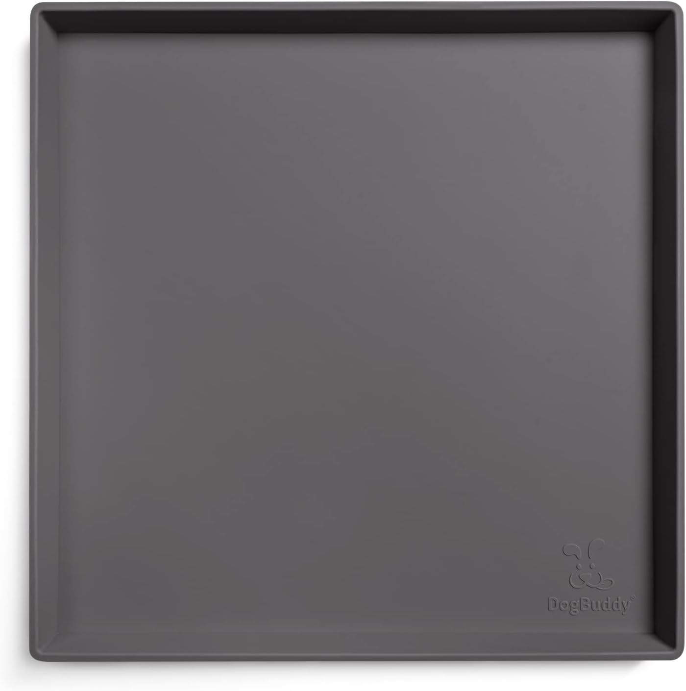 DogBuddy Dog Food Mat – Waterproof Dog Bowl Mat for Food and Water, Silicone Pet Feeding Mats For Floors, Non-Slip Placemat with High Edges For Dogs Bowls, Puppy Essentials (XS: 11" x 11", Shadow