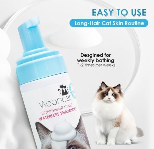 Mooncat Waterless Cat Shampoo for Longhair Cats | Licking Safe No-Rinse Dry Foam Bath for Detangling Matted Fur | Gentle Formula for Kittens & Sensitive Skin, pH Balanced - 5oz