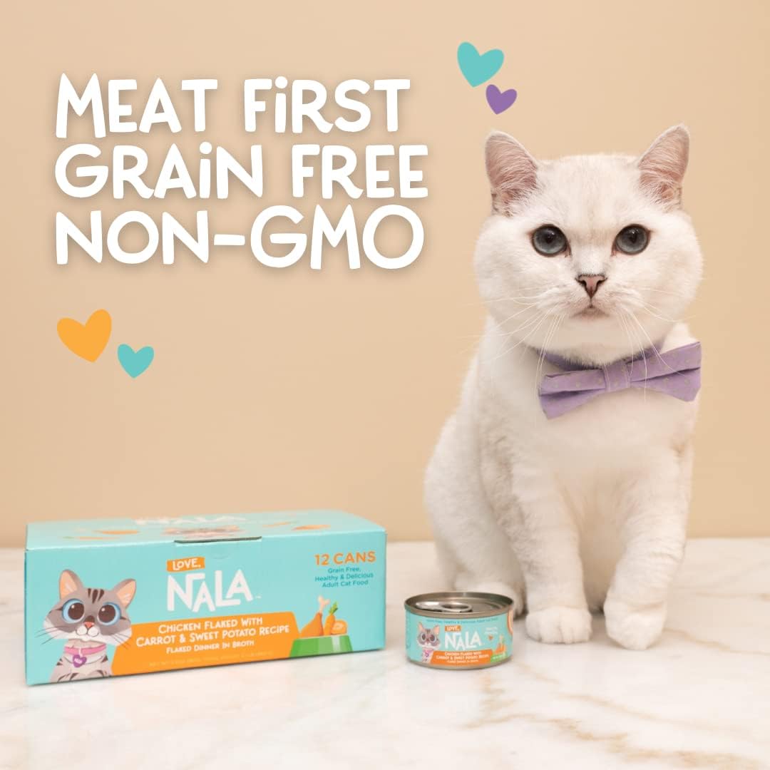 LOVE, NALA - Natural Adult Cat Wet Food - FLAKED Chicken with Carrot & Sweet Potato in Broth - Grain Free, Non-GMO, Lean Protein, Digestive Fiber Blend, Added Minerals & Vitamins - 12 Pack, 2.4 lbs.