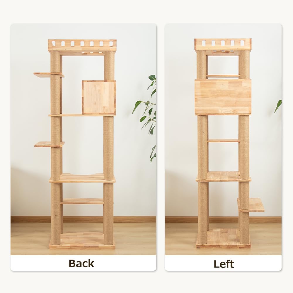74" Wooden Cat Tree Tower for Large Cats, Multi-Level Cat Climbing Furniture with Scratching Posts, Cat Condo & Hammock, Natural Wood Cat Activity Center(Brown)