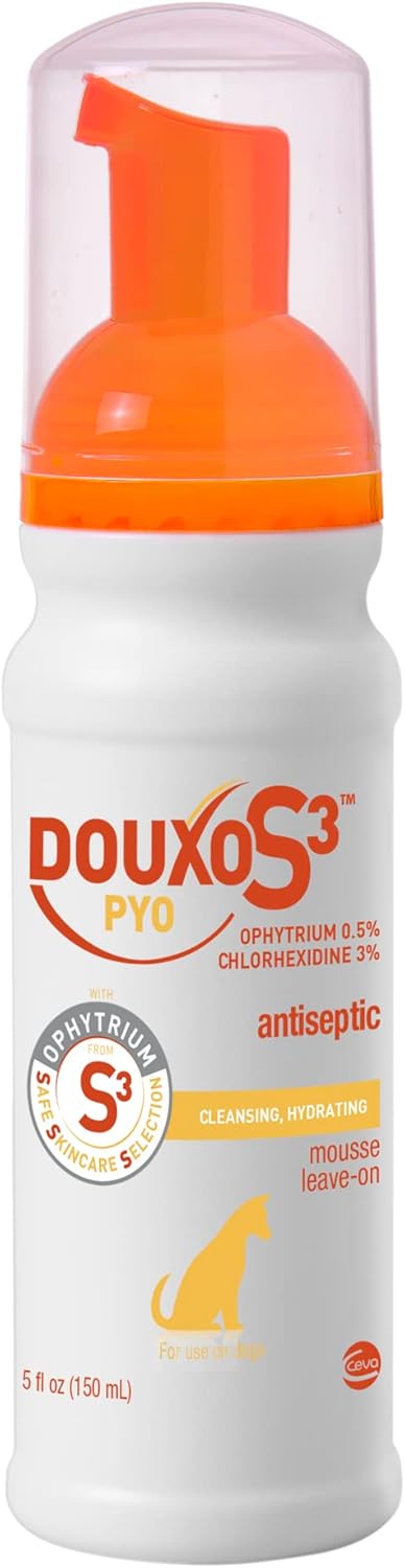 Douxo S3 Pyo Mousse, Contains 3% Chlorhexidine & 0.5% Ophytrium, Antiseptic & Hydrating, for Bacterial or Yeast Skin Infections, for Dogs, 5.1 fl. oz. (150mL)