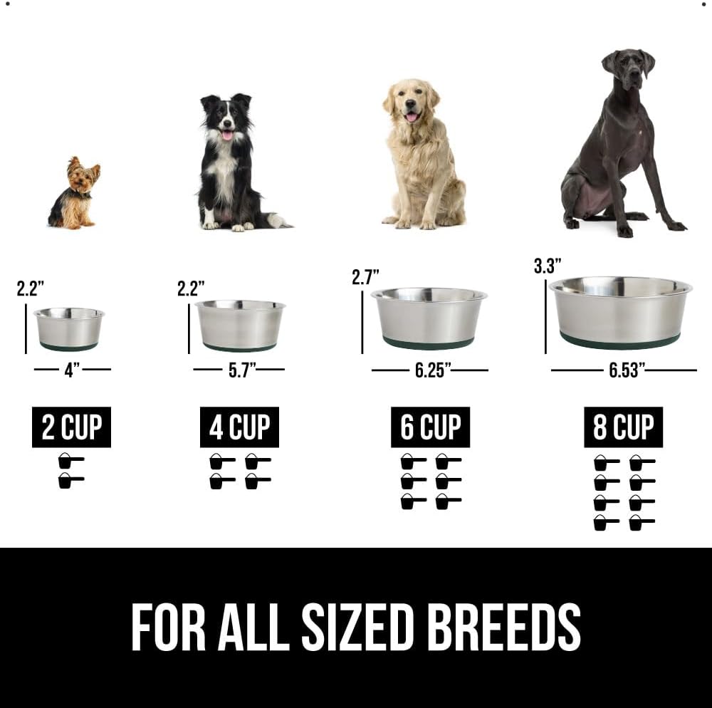 GORILLA GRIP Set of 2 Dog Bowls, Heavy Duty Metal Food and Water Bowl for Feeding Dogs and Cats, Dishwasher Safe, Rust Resistant Stainless Steel, BPA Free Rubber Base, Holds 2 Cups (16 fl oz), Green