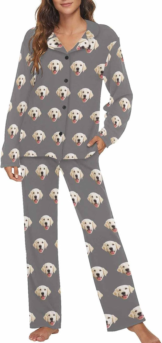 MyPupSocks Custom Face Pajamas for Women Set, Personalized Photo Long Sleepwear XS-XXL