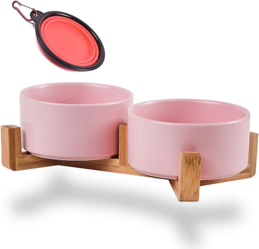 Petygooing Ceramic Cat Dog Bowl Set with Stand,Pink Pet Food and Water Dish,Small Dog Bowls Anti Slip Set of 2 Cat Bowls Pet Food Dishes Pet Bowl Small Size Pet (13.5OZ/5.1 in)