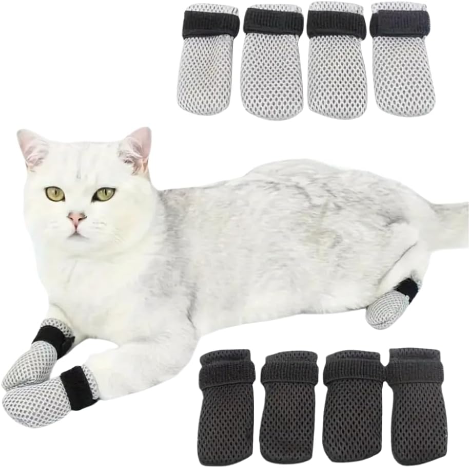 8 Pack Cat Mittens to Prevent Scratching, Adjustable Breathable Mesh Cat Booties & Claw Covers - Anti Scratch Gloves for Bathing, Nail Trimming - 4 Black & 4 Grey, Paw Inner Diameter up to 1.57 Inches