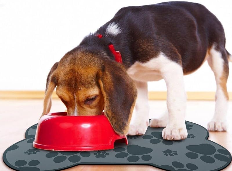 Dog Food Mats for Floors Waterproof, Pet Feeding Absorbent Water Bowl Mat Cat Placemats Gray Bone Shape 23.6 * 15.7 inch