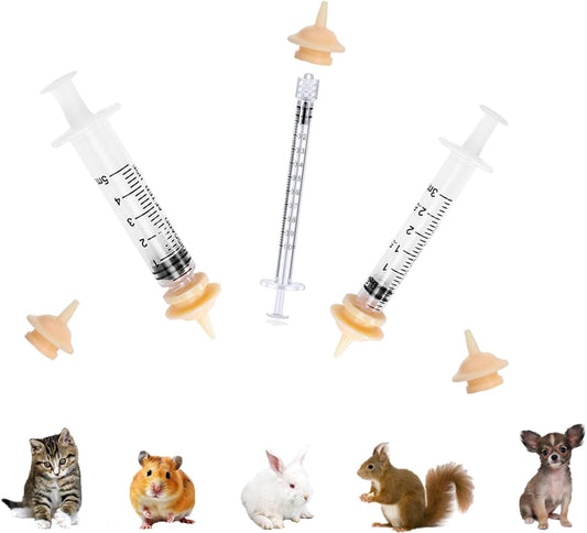 Pet Feeder Syringe, Newborn Animal Feeder Syringe Pet Feeding Nursing Syringe Silicone Feeding Pacifier,Pet Feeding Nipple for Kitten and Puppy (1ml+3ml+5ml Feeder & 5 Small Nipples)