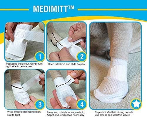 Medimitt Paw Bandages for Dogs, Cats and Pets – Stretchy Medical Booties, First Aid for Paws – Non Slip, Non Adhesive, Breathable, Disposable, Washable, Adjustable Strap, 12 Pack (Small)