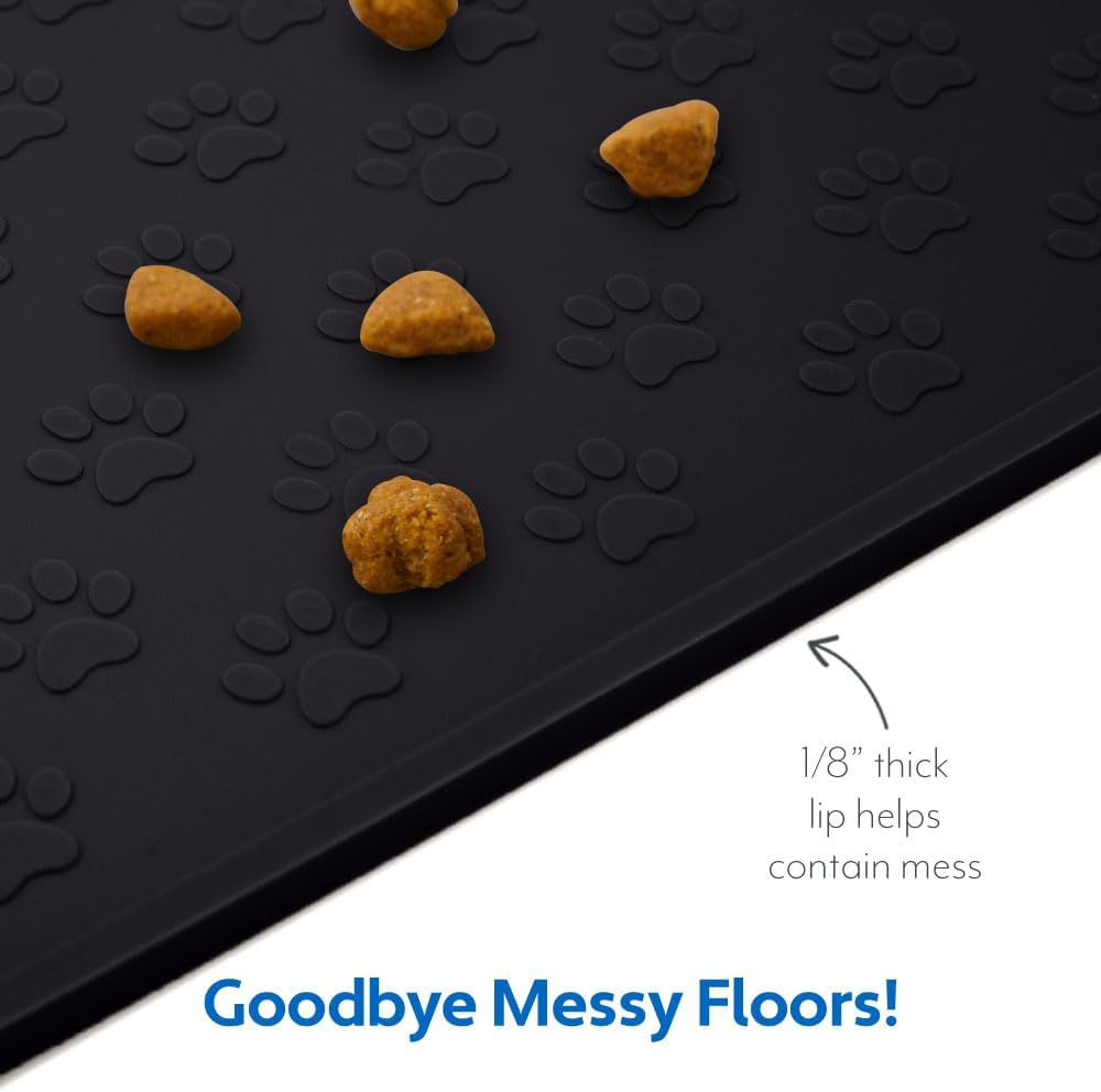 MIGHTY MONKEY 100% Waterproof Dog Food Mat, Raised Edges Silicone Pet Feeding Placemat for Cat, Dogs, Pet Bowls, High Lipped Tray Prevents Water Spills, Food on Floor, Dishwasher Safe, 22x14, Black