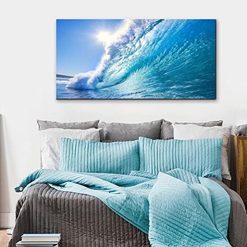 Rolling Ocean Waves Surfing Graphic Canvas Wall Art For Bedroom,Blue Tropical Seascape Artwork Decor,Rolling Wave Sea Landscape Picture Print Painting,Bracket Fixed Ready To Hang,Inner Frame (30x60)
