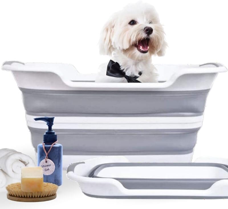 CYGNE Dog Bath Tub with Water Drain Plug, Collapsible Bathtub for Dog Washing and Grooming, Portable Foldable Space Saving Design for Pet Puppy Small Dogs Cats, BPA Free, Gray