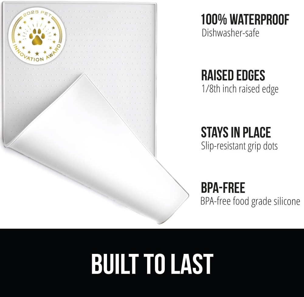 GORILLA GRIP 100% Waterproof Raised Edge BPA Free Silicone Pet Feeding Mat, Dog Cat Food Mats Contain Spills Protects Floors, Placemats for Cats and Dogs Water Bowl, Pets Accessories 32x24 White