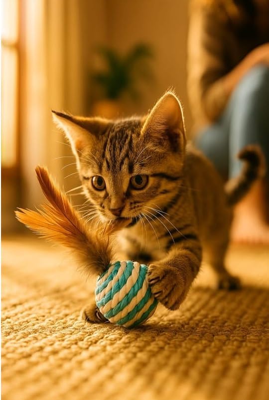 Ball for cat with Feathers - Balls for Cats – Natural Toy for Indoor Cats – Eco-Friendly, Durable, Interactive Play Balls for Kittens – Pet-Safe Chew & Scratch Toys (Sky Blue)