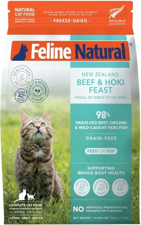 Feline Natural High Protein Dry Cat Food, Freeze-Dried Diet with 98% Meat, Organs & Seafood, No Peas, Grains, or Artificial Additives, Made in New Zealand, Beef & Hoki, 1.8lb