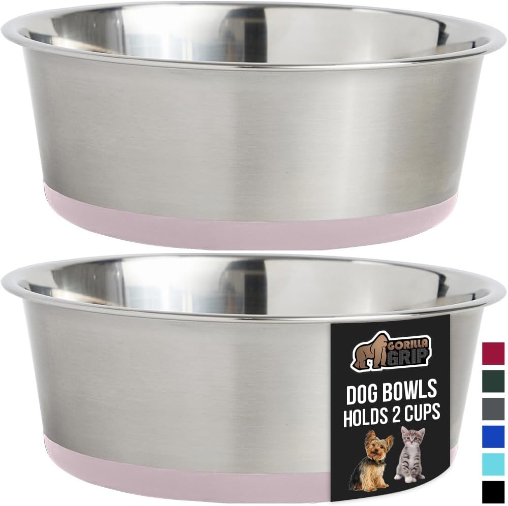GORILLA GRIP Set of 2 Dog Bowls, Heavy Duty Metal Food and Water Bowl for Feeding Dogs and Cats, Dishwasher Safe, Rust Resistant Stainless Steel, BPA Free Rubber Base, Holds 2 Cups (16 fl oz), Lt Pink