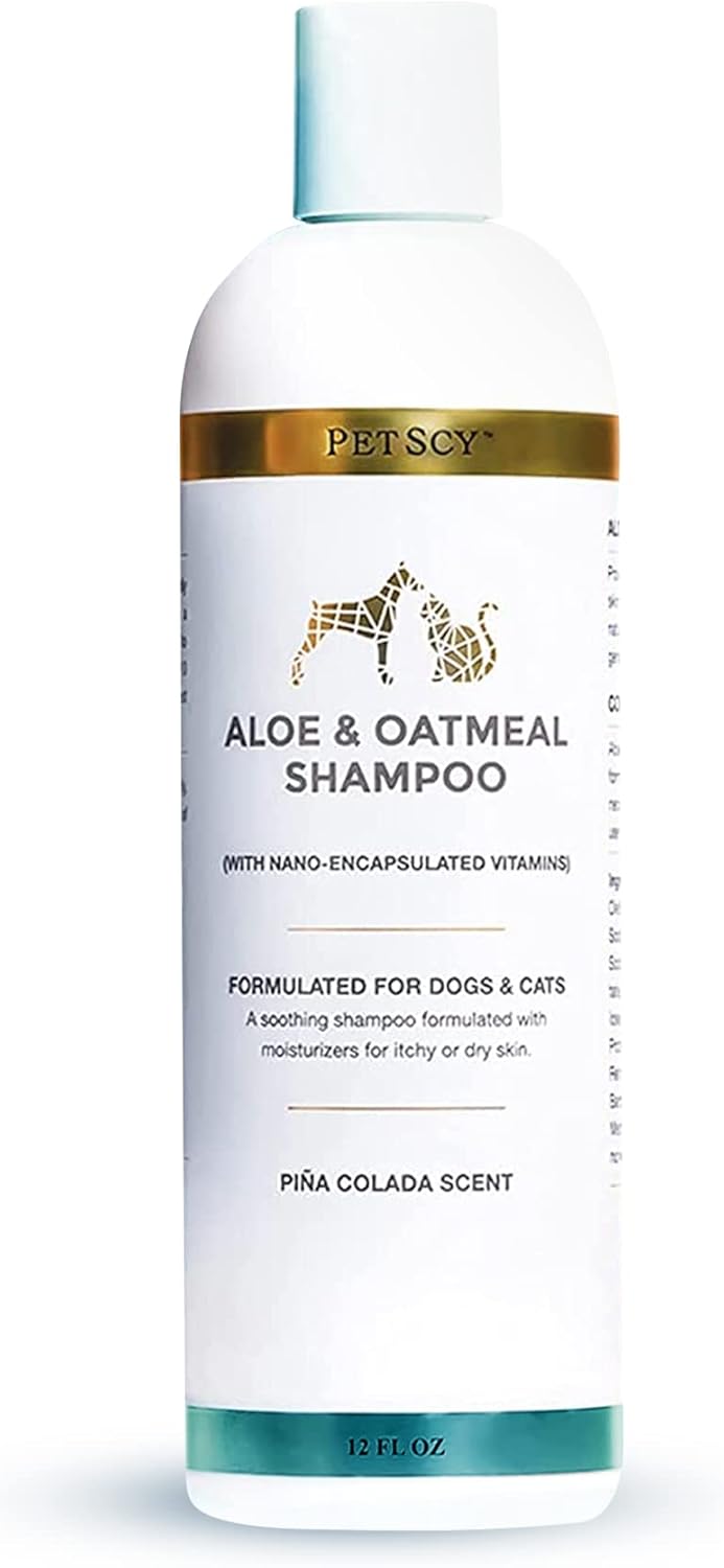 PetScy - Aloe & Oatmeal Shampoo for Dogs and Cats, Moisturizing Pet Shampoo for Skin Relief, All-Natural, Soap-Free & Gentle, Pina Colada Scent, 12 Oz