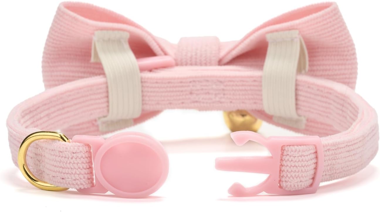 2 Pack Soft Corduroy Cat Collars with Bow Tie & Bell, Adjustable Breakaway Cotton Kitty Bowtie Collar for Female Male Cats(Grass Green & Pink)