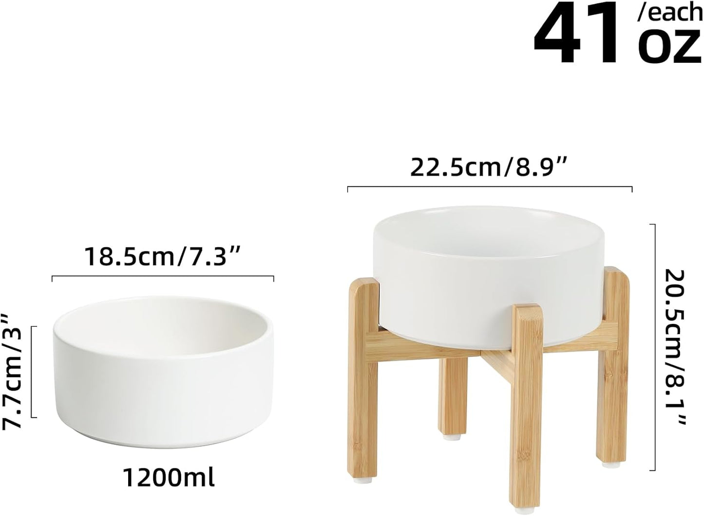 Ceramic Raised Dog Bowl Set, Elevated with Stand, Food and Water Bowl for Medium Breed Dogs, Weighted Dog Dishes, Pet Bowl(7.3'',41OZ, White)