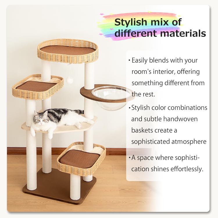 48'' Cat Tree for Large Cats, Modern Cat Tree Multi-Level Condo with Natural Wood, Cat Activity Centre for Medium and Big Pets