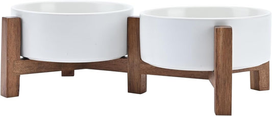 SPUNKYJUNKY Ceramic Dog Bowls with Acacia Wood Stand - Raised Dog Food and Water Bowl Set for Small Dogs (13.52 OZ, White)
